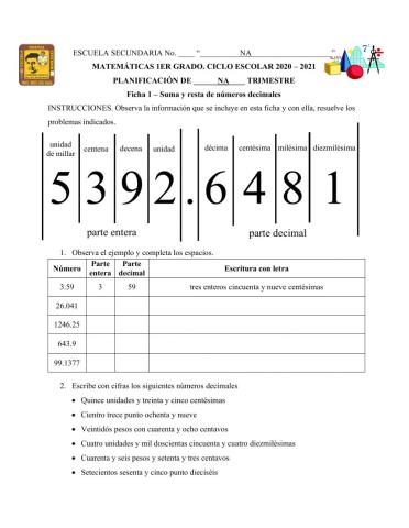 Ficha de números decimales