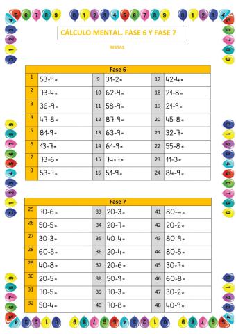 Cálculo mental. restas. fase 6 y 7. abn
