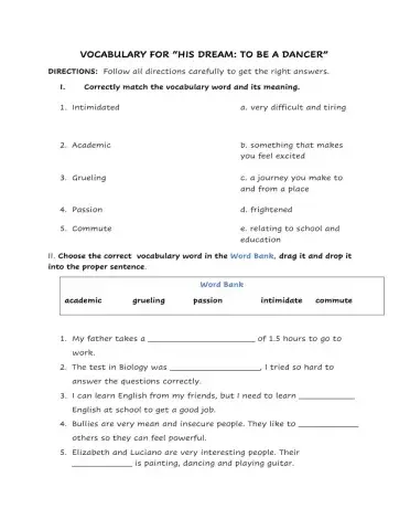 Vocabulary Scholastic His Dream to Dance