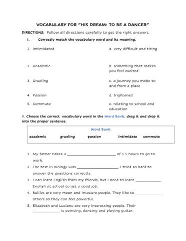 Vocabulary Scholastic His Dream to Dance