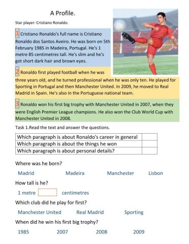 A profile.Cristiano Ronaldo.EP1. (Ex.1-2., pg.75).