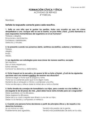 Actividad de repaso FORMACIÓN CÍVICA y ÉTICA 4° parcial