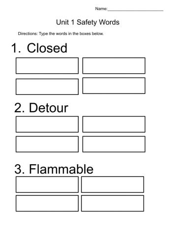 Unit 1 Safety Words WS 1