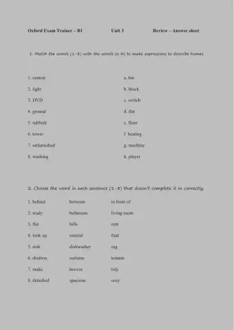 Oxford Exam Trainer - B1 - Review - answer sheet - unit 3