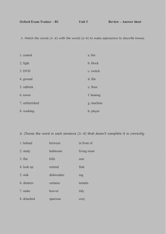 Oxford Exam Trainer - B1 - Review - answer sheet - unit 3