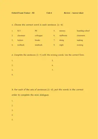 Oxford Exam Trainer - B1 - Review - answer sheet - unit 4