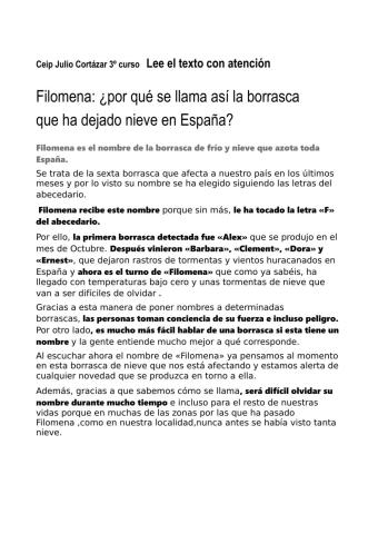 Borrasca Filomena lectura