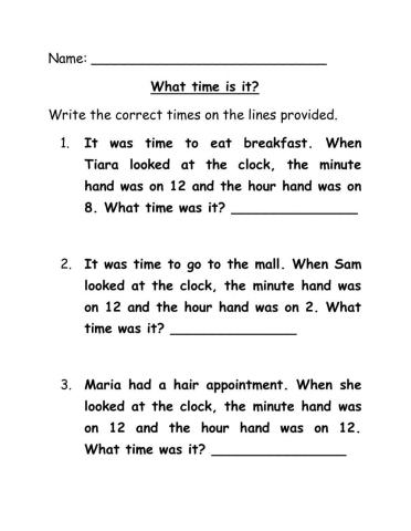 Time to the hour word problems