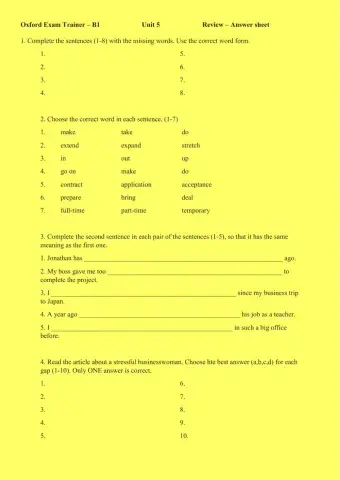 Oxford Exam Trainer - B1 - Review - answer sheet - unit 5