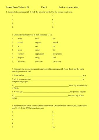 Oxford Exam Trainer - B1 - Review - answer sheet - unit 5