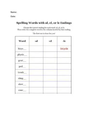 words ending in le, el, al