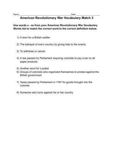 American Revolution Vocabulary Match 3