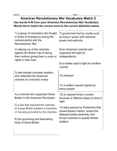American Revolution Vocabulary Match 2