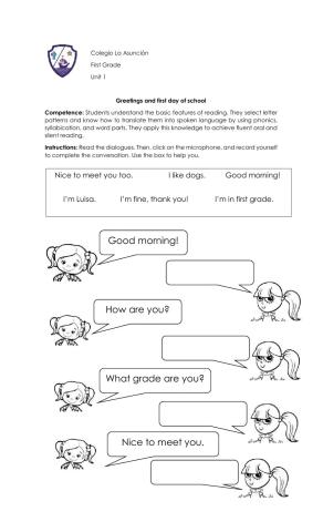 Greetings and first day of school worksheet