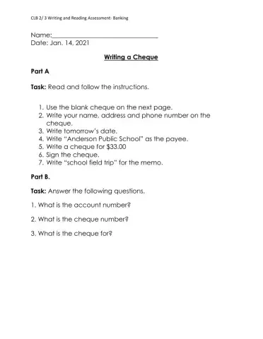 Writing a Cheque Assessment