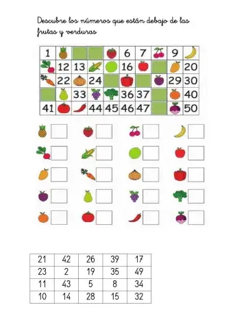 Coloca cada número con su fruta o verdura