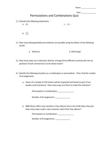 Combination-Permutation Quiz 2020-2021