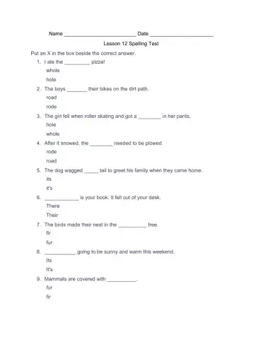 Lesson 12 Homophone Spelling Test