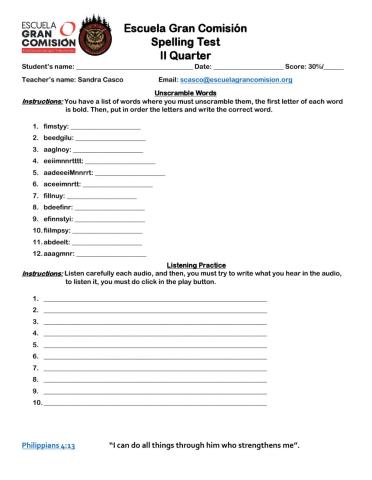 Spelling Test II Quarter