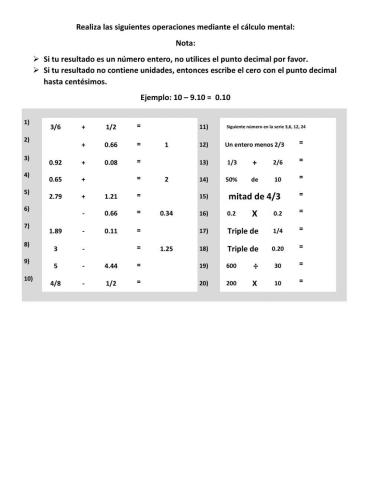 Cálculo mental 1.2 (porcentaje, sumas, restas y dobles con decimales, fracciones y números naturales)