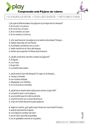 Comprensión oral -Pájaros de colores-