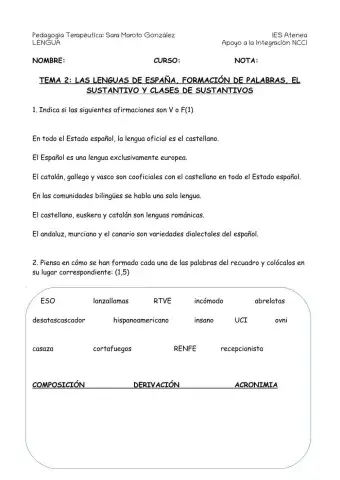 Las lenguas de españa, formación de palabras, el sustantivo y clases de sustantivos