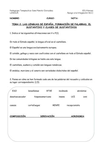 Las lenguas de españa, formación de palabras, el sustantivo y clases de sustantivos