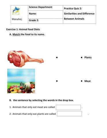 Quiz 2 G2 similarities and differences between animals