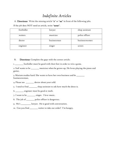 Indefinite Articles with Job Vocabulary