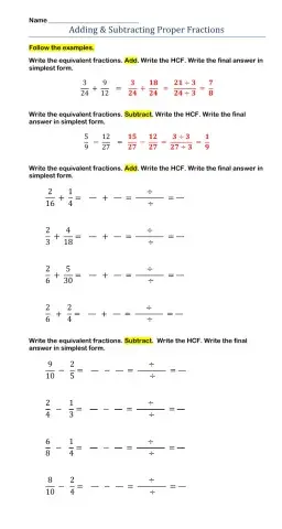 Adding & Subtracting Proper Fractions