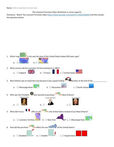 The Louisiana Purchase Video Worksheet w visual supports