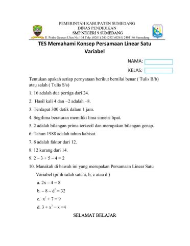 Tes persamaan linear satu variabel kelas vii smpn 9 sumedang