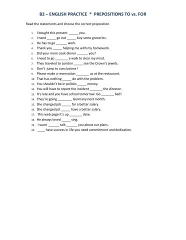 B2. prepositions. -. to.  vs.  for