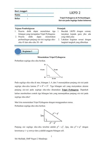Lembar Kerja Matematika mengenai Teorema Pythagoras