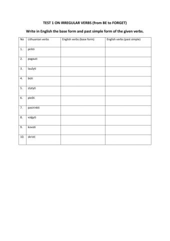 Test 1 on irregular verbs (base form and past simple)