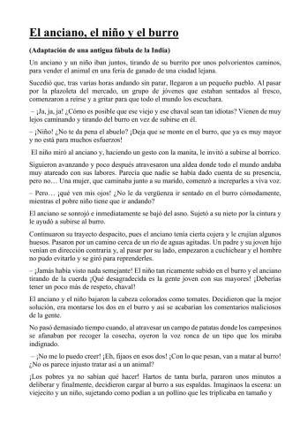 Comprensión Lectora -El anciano, el niño y el burro- 3º Primaria