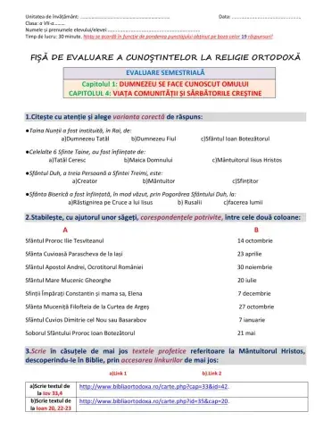 Evaluare semestriala sem 1, clasa VII