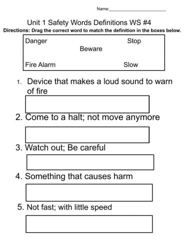Safety Words Definitions WS 4 Drag and Drop