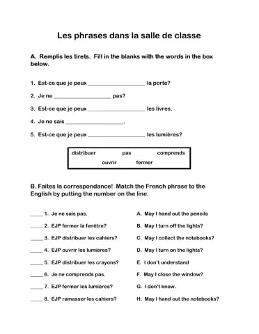 Les phrases dans la salle de classe