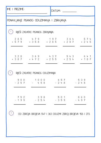 Pisano oduzimanje i zbrajanje do 1000