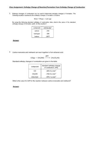 Class Assignment 1: Enthalpy change of reaction from enthalpy change of combustion