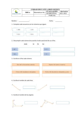 Evaluación 4to Matemáticas