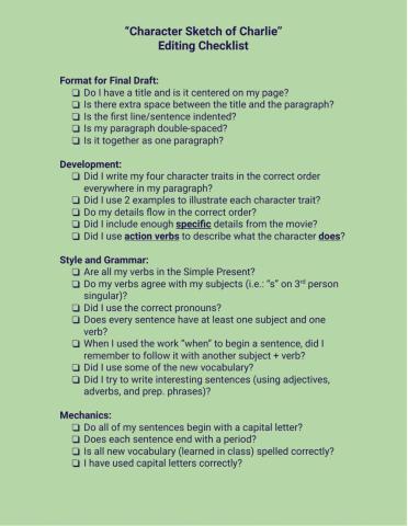 Character Sketch Checklist
