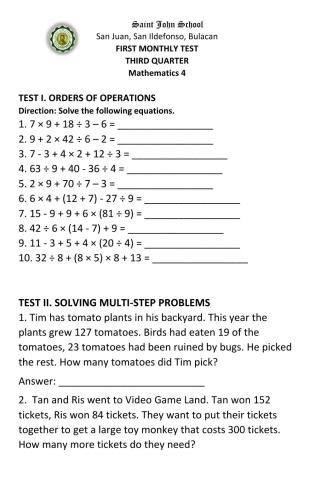 First Monthly Test in Mathematics
