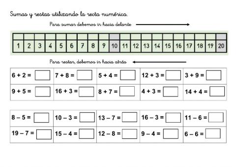 Sumas y restas hasta 20 con recta numérica