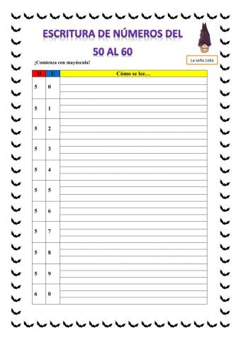 Escritura de números del 50 al 60
