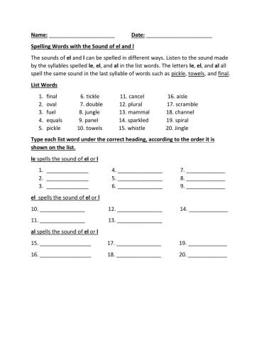 Spelling el and l Sound Words Part1