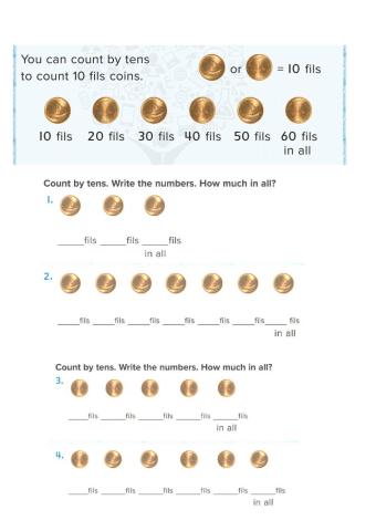 Count by tens using ten fils coins