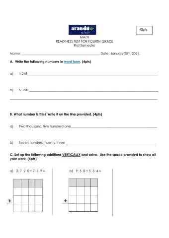 READINESS TEST FOR FOURTH GRADE Math