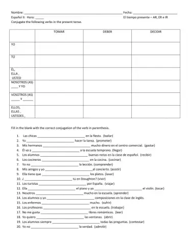 Sp2 Present Tense Chart and Sentences Fill-in